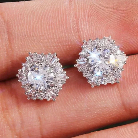 Sterling Silver Diamond Hexagon Halo Stud Earrings - Picture 10 of 10